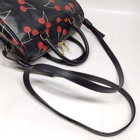 Auth Saint Laurent Calfskin Cherry Print 2way Classic Baby Duffle Bag Black Red - Picture 4 of 15